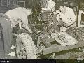 Hiro, Japan. 1953-09. Japanese civilian techicians rebuilding a jeep at Britcom Workshops, REM