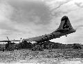 April 21, 1945: A B-29 Superfortress rests on a dirt mound after it crash landed with two engines working at Iwo Jima.