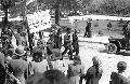 Dzsa-nnepsg Ceglden Magyarorszg,  1945. mjus 13. A Nemzeti Parasztprtot ltet felirat mellett a svbok kiteleptst kvetel tblval haladnak a rsztvevk a hbor utni els mjusi 1-n.